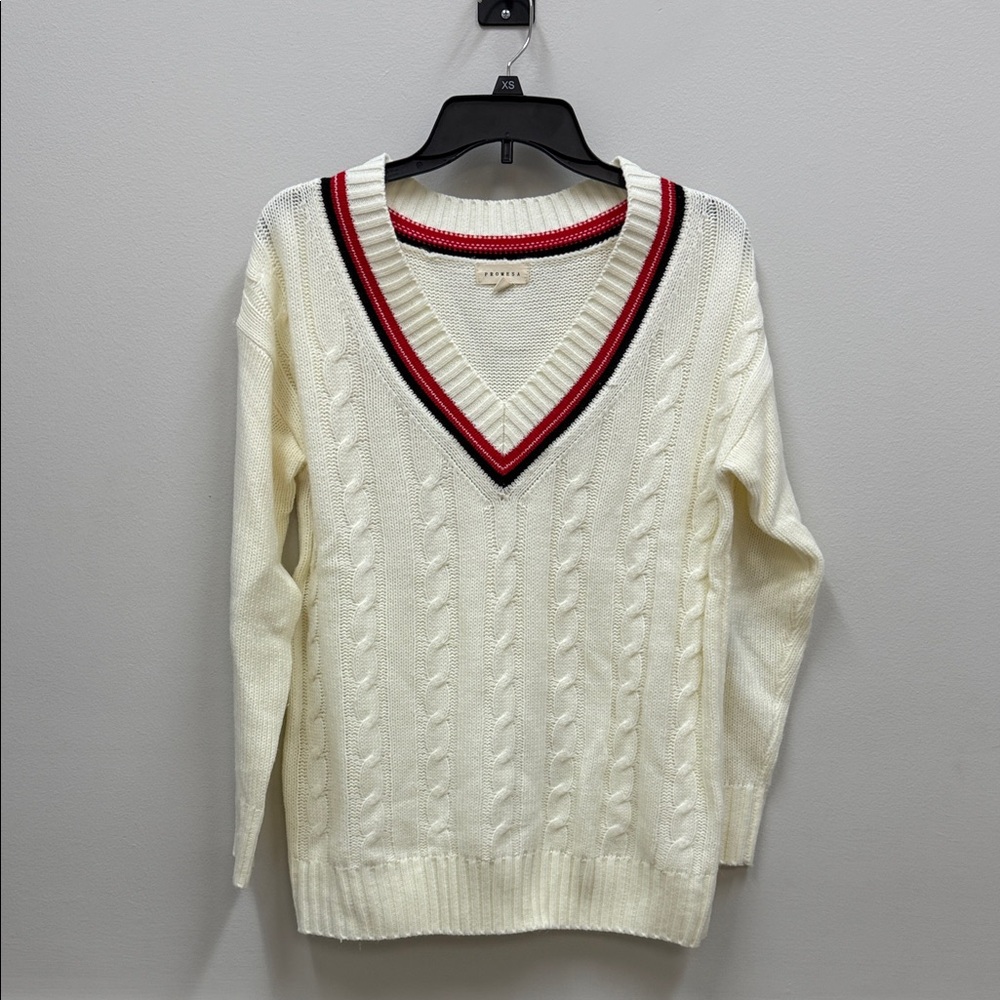 Promesa Cream V-Neck Sweater with Red & Black Detail Sz Small!